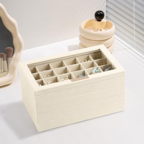 Frebeauty Stackable Jewelry Trays, Velvet Drawer Jewelry Organizer with Glass Lid,5 in 1 Multi-Functional Jewelry Storage ...