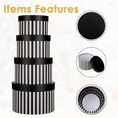 Oairse Gift Boxes with Lids for Presents Black and White Striped Round Box for Flower Arrangements Set of 4 Nesting Gift B...