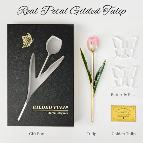 Mikasol Gold Dipped Real Tulip – Dreamy Gradient Pink, Romantic Forever Flower Gift with Book-Style Box & Butterfly Stand,...