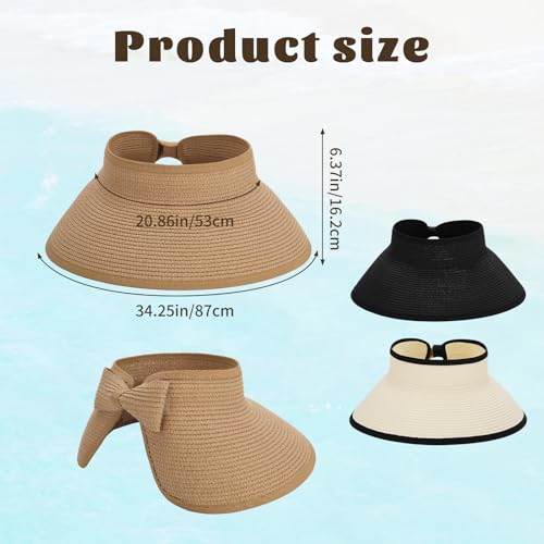 Zhamate 3 Pack Foldable Sun Visor Hats for Women Wide Brim Pontytail Straw Beach Hat for Summer
