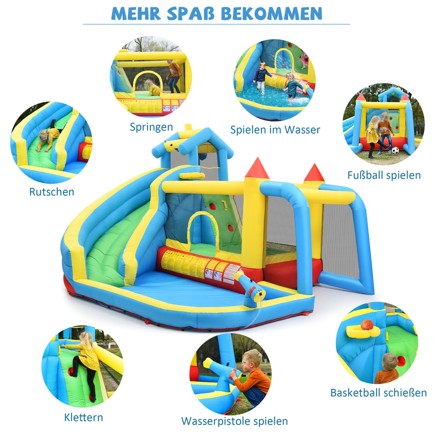 Kids Bouncy Castle, 5 In 1 Inflatable Bouncy Castle For Kids 3-10 Years Old, Outdoor Castle Bouncer With Slide Jumping Area Water Pool Football Net, Inflatable Size 364x315x239cm