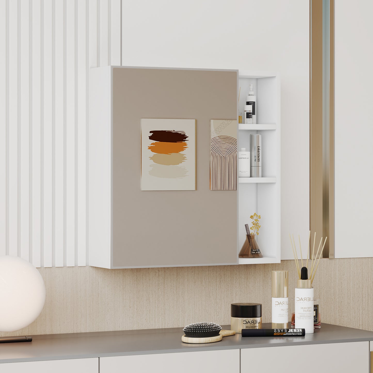 Simple Wall Mirror Cabinet 55 X56cm Wall Mounted, White HDF Board Safety Mirror Glass Door, Divided Storage Thickened HD Mirror, Great For Bathroom Makeup Room.