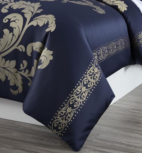 Chezmoi Collection Valor 7-Piece California King Bed in a Bag, Navy/Gold Luxury Jacquard Floral Comforter with Sheets Set ...
