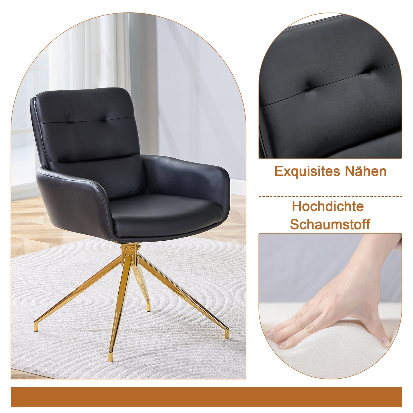 Table And Chair Collection 85 Cm Diameter, Slightly Luxurious Round Tempered Glass Table With Metallic Support Structure, Matching 2 Black-gold 360 Swivel PU Dining Chairs.