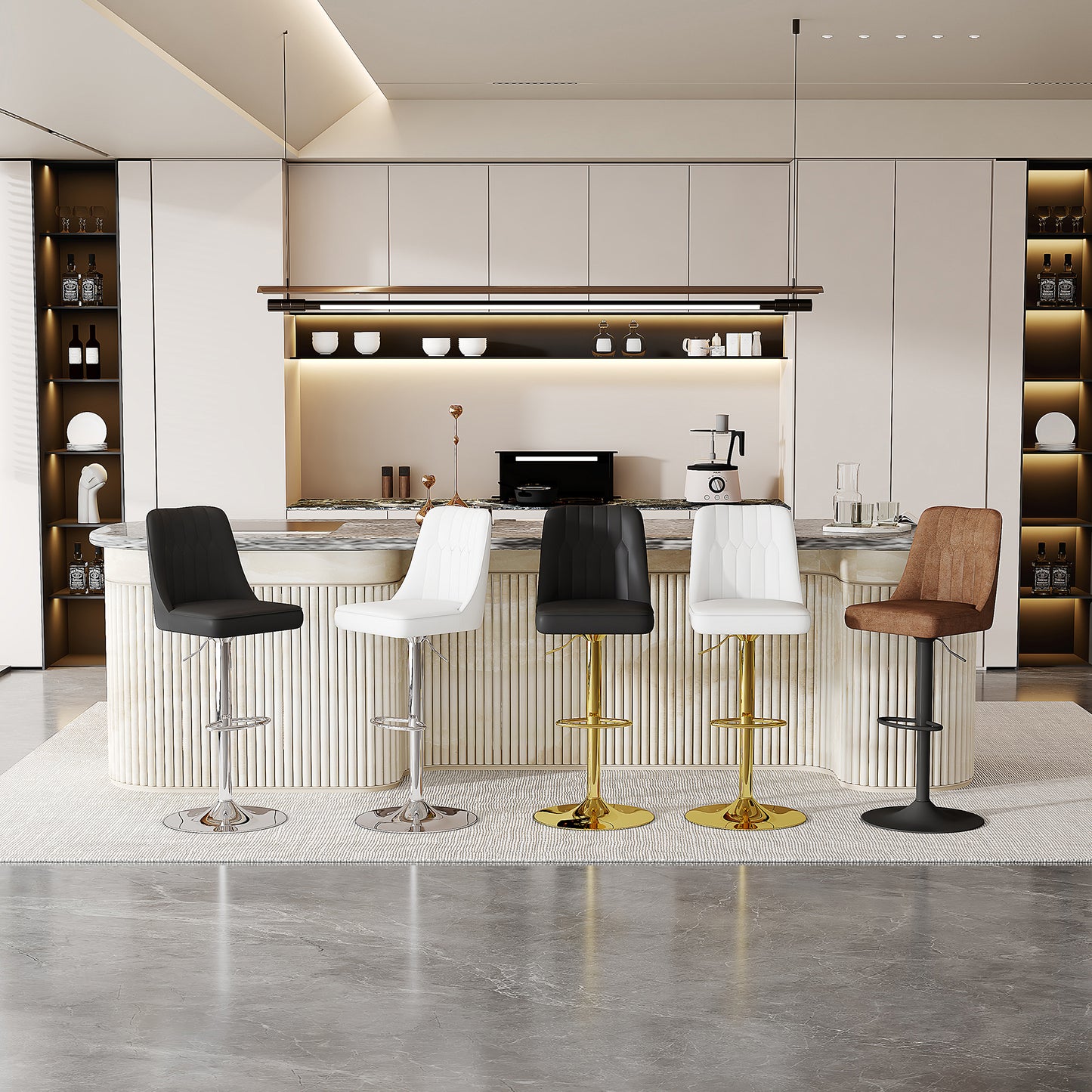 Height-adjustable Bar Stool In Set Of 2, 360 Swivel, Backrest With White PU Leather And Quilted Pattern, Legs Made Of Golden Metal. Suitable For Kitchen Islands And Bar Counters.