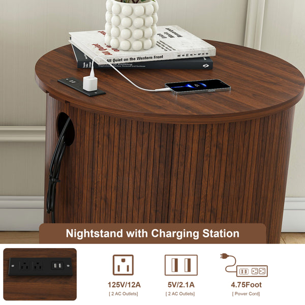 Set Of 2 Mid Century Modern Cylinder End Tables With Built-in Charging Station & Sliding Door, 2-Tier Storage Round Nightstands With USB Ports, Walnut Bedside Tables For Living Room, Bedroom, Entryway