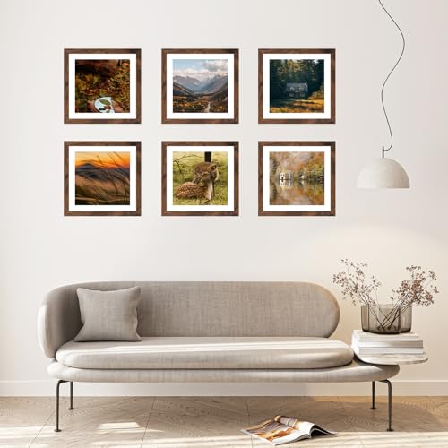 QOTIB Wood 10x10 Picture Frame with 8x8 Mat Deep Brown, Display 8x8 with Mat or 10x10 Without Mat, Wood 10 by 10 Photo Fra...