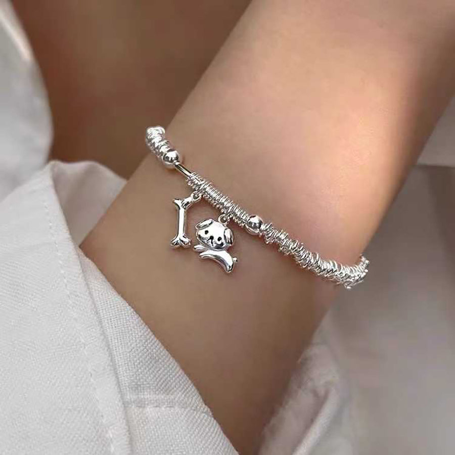1pcs 925 Sterling Silver Coiled Wire Slide Bracelet With Puppy & Bone Charms, Cute Sweet Style, For Daily Casual Wear & Women Holiday Gifts