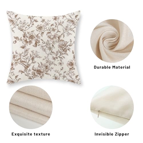 GOLIANDA Brown Pillow Covers 16x16 Set of 2 Brown and Cream Floral Chinoiserie Throw Pillows Vintage Rustic Toile Flower D...