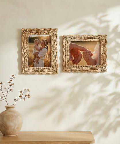 Afuly 5x7 Picture Frame Boho Woven Photo Frame Beige Frames Rope Wave Unique Wall Hanging Desk Standing Home Decor with Re...