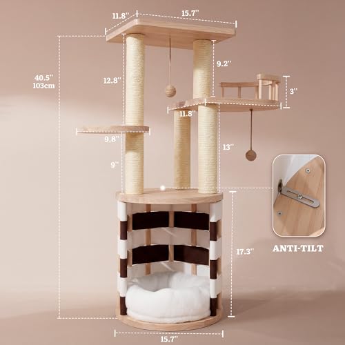 YITAHOME Stable Pine Wood Cat Tree, Multi-Level Cat Tower with Cat House, Observation Perches, Plush Bed, Sisal Scratching...