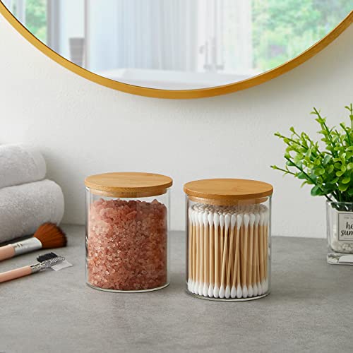 INIUNIK Glass Qtip Holder Dispenser with Bamboo Lid - 2 Pack Apothecary Jars - Cotton Balls Pads Swabs Holder Jar - Bathro...