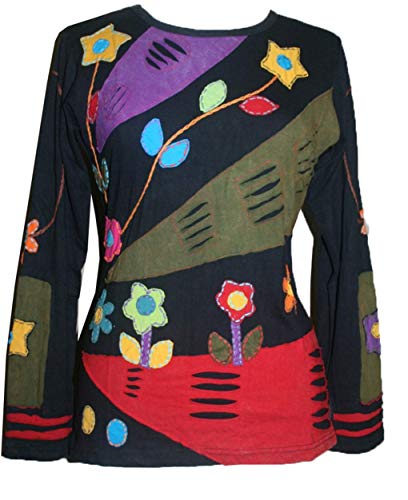 Agan Traders 2026 Summer Bohemian Tops for Women - Rib Knit Cotton Funky Patch Retro Hand Women's Embroidered Blouses