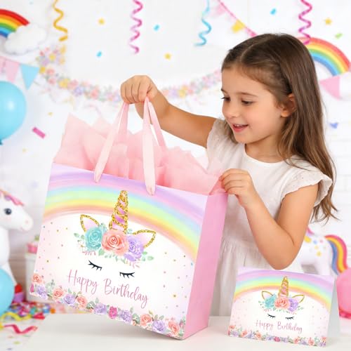 Yusenguan 13" Unicorn Birthday Gift Bag with Greeting Card and Tissue Paper for Baby Girls and Kids Birthday Party (Rainbo...