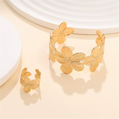 MALOYANVE Golden Flower Necklace Earring Ring Bracelet Set for Women Gold - Toned Floral Jewelry Set Elegant Flower - Shap...
