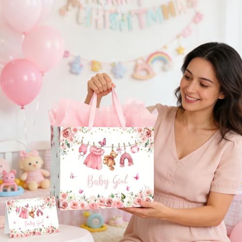 Yusenguan 13" Large Baby Gift Bag for Girl, Pink Floral Design with Handles, Tissue Paper and Gift Card, Perfect for Girl ...