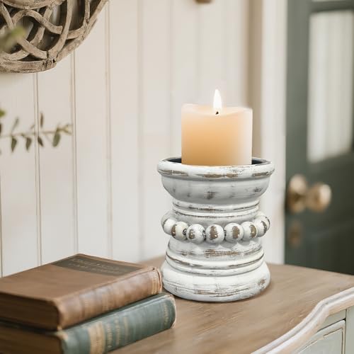 dwellington Farmhouse Rustic Wood Pillar Candle Holder, Decorative Beaded Candlestick Holder Stand for Home Décor, Gifts, ...