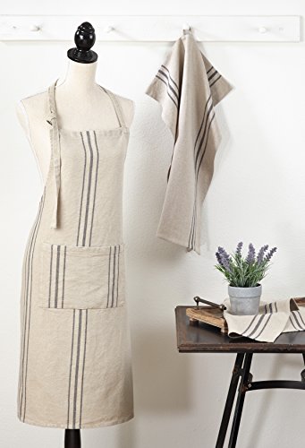 SARO LIFESTYLE Ferme Maison Collection Striped Style Linen Apron/1117.N01, 28" x 35", Natural