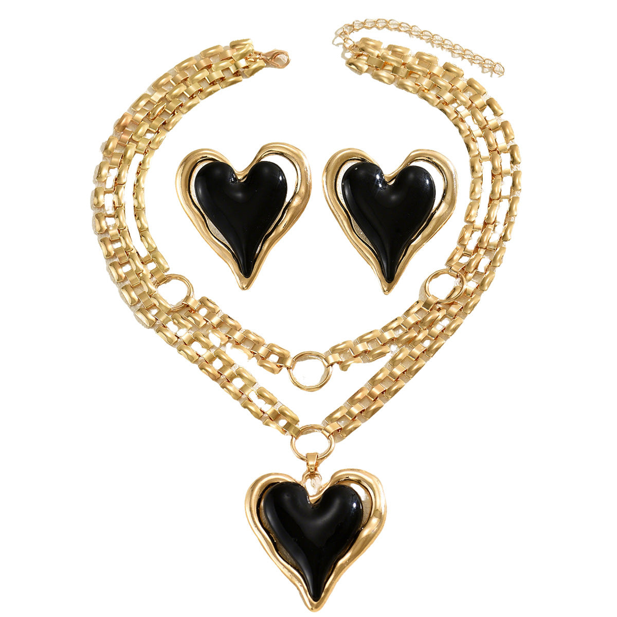 Cross-Border European American Jewelry Set For Women, Unique Exaggerated Heart Enamel Drop Earrings & Matching Clavicle Necklace, Versatile Fashion Neck Ear Jewelry