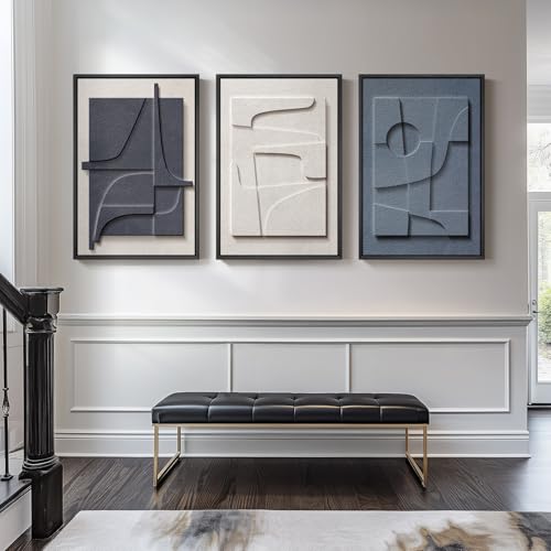 Large 3D Textured Framed Blue and White Abstract Wall Art for Living Room, 3 Piece Modern Artwork for Walls, Minimalist Na...