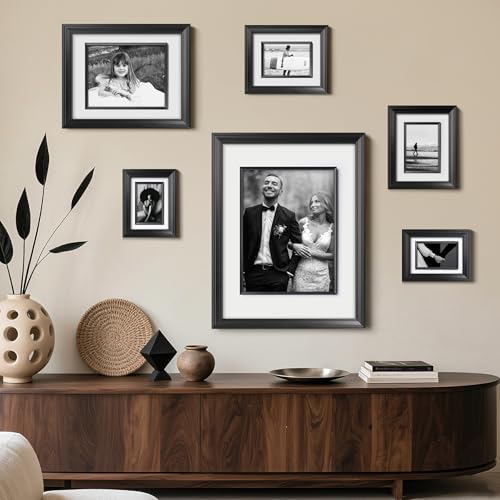 Yaetm 11x14 Black Picture Frame with Decorative Inner Frame & Tempered Glass, Display 8x10 Photos with Mat on Wall - Portr...