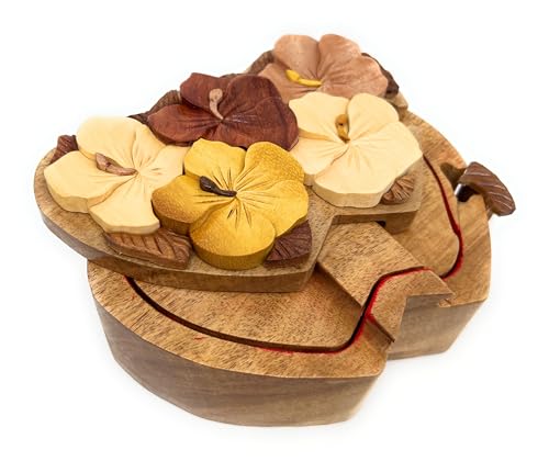 Love in Bloom – Handcrafted Wooden Heart Puzzle Box with Floral Carving | Secret Compartment Keepsake Gift for Anniversar...