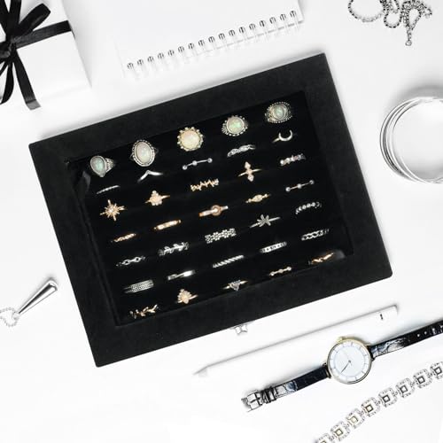 Jutieuo Velvet Ring Organizer Box, 7 Slots Jewelry Holder with Glass Lid Earring Display Tray Storage Case Gift for Women ...