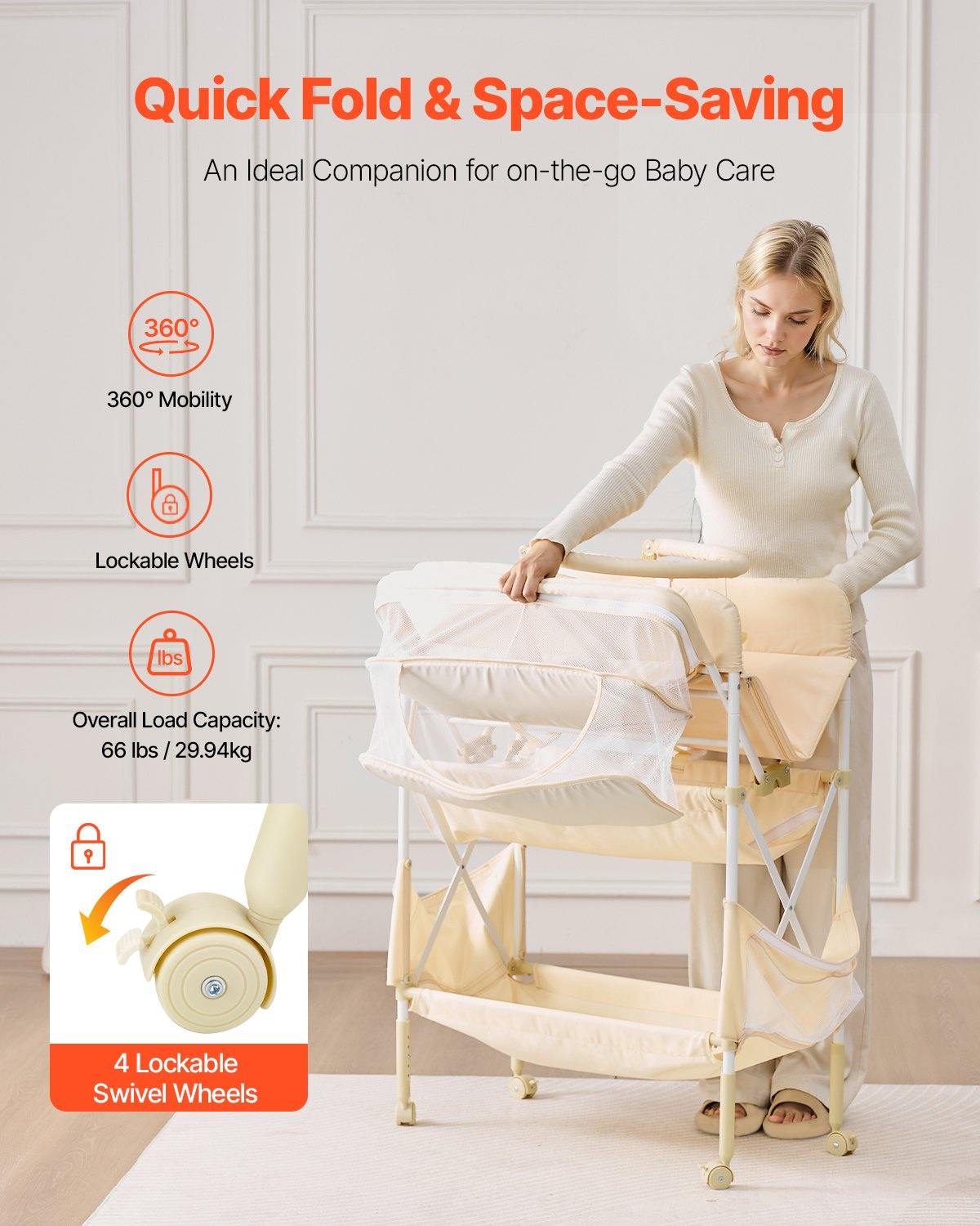 Baby Changing Table, Foldable Diaper Change Station With 2 Fabric Drawers, Side Basket & Hanging Rod, Adjustable Height Portable Changing Table With Lockable Wheels & 2 Star Toys, Light Beige