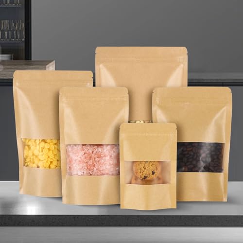 50 Pcs 4x6 Inch Kraft Paper Bags with Transparent Window, Stand Up Pouches,Smell Proof Bags,Resealable Bags for Small Busi...