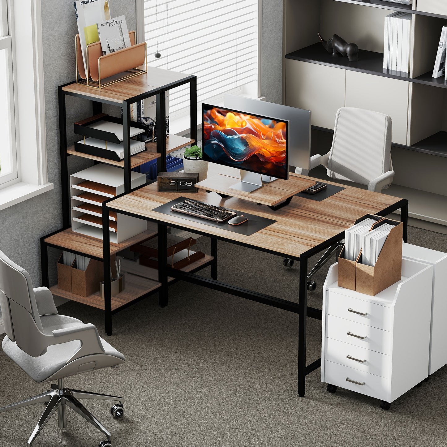 Computer Desk, 67" CPU Desk with Monitor Stand, Reversible 4-Tier Shelf, Industrial Writing Desk for Study Room, Brown