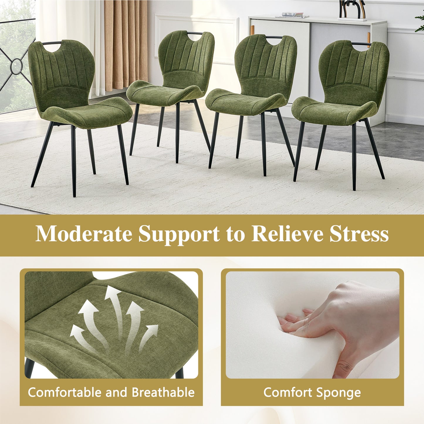 Set Of 4 Olive Green Fabric Dining Chairs With Integrated Handle.Black Metal Frame, Adjustable Leveling Feet. Home Dining Chairs With Extra-Wide Comfortable Cushion, Versatile For Study Or Vanity Use.