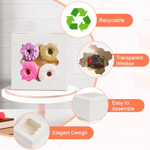ZYFOTZUN 12 Pcs Cookie Boxes with Window, 6x6x3 Inches White Bakery Boxes, Treat Boxes with 50 Pcs Cookie Bags and 12 Pcs ...