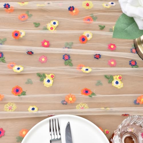 Joanlody Champagne Embroidery Daisy Spring Summer Table Runner 10ft Florals Seasonal Easter Tulle Table Runner Holiday Kit...