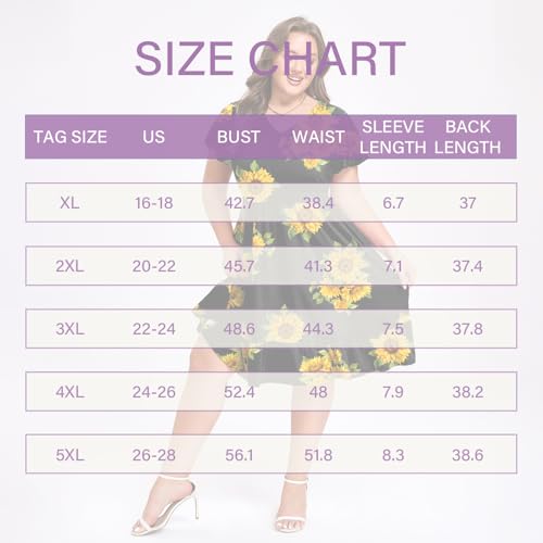 Women's Plus Size Casual Dress V Neck Ruffle Floral Short Sleeve Summer Midi Dresses with Pockets