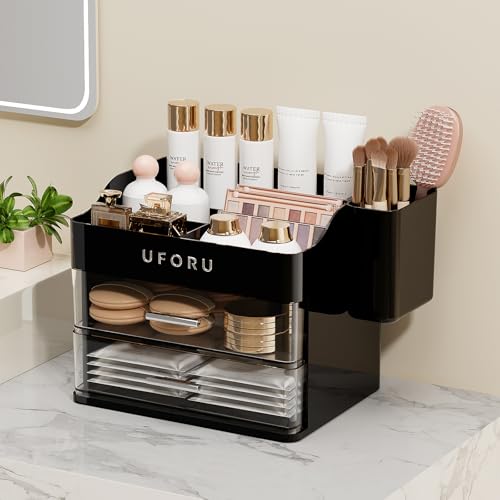 UFORU Makeup Organizer for Vanity with Brush Holder, Countertop Skincare Organizer with 2 Drawers, Spacious Cosmetic Displ...