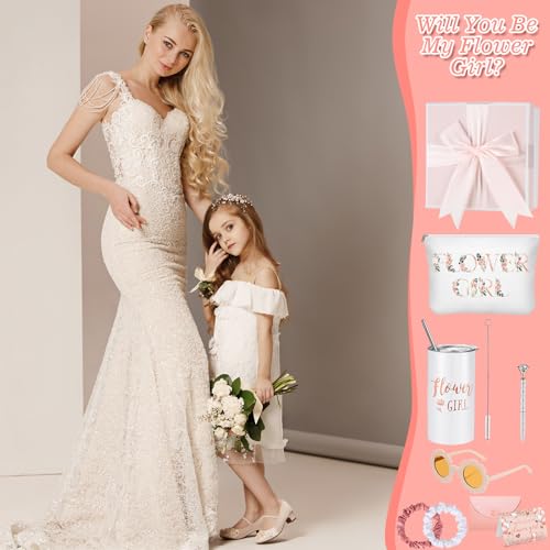 Sieral 9 Pcs Flower Girl Proposal Gifts Set Personalized Flower Girl Tumbler with Straw Bride Gift Box Canvas Bag Sunglass...