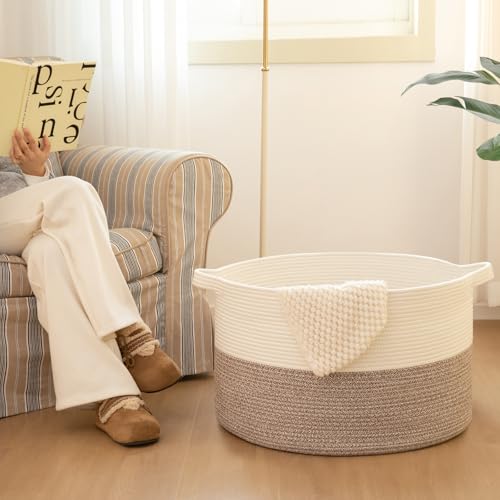 OIAHOMY 90L XXXLarge Blanket Basket for Living Room, 21.7" x 13.8" Woven Cotton Rope Laundry Basket for Organizing Pillow...