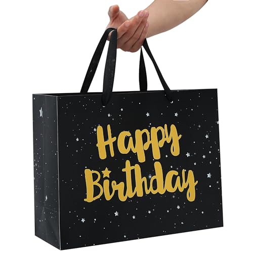 13" Large Black Gift Bag Set with Greeting Card and Tissue Papers (Stars and Gold Foil ‘Happy Birthday’) for Men's or Wome...