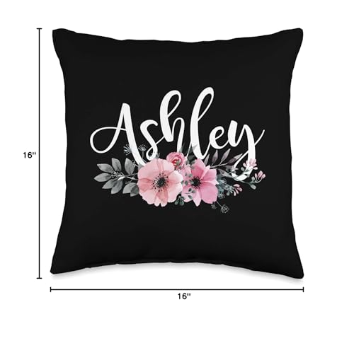 Ashley Name Personalized Floral Pink Black Women Girls Gift Throw Pillow