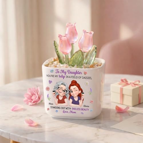 Wrappiness Everlasting Glass Tulip Plant in Ceramic Pot Personalized for Daughter – Customized Mother-Daughter Gift, Flowe...