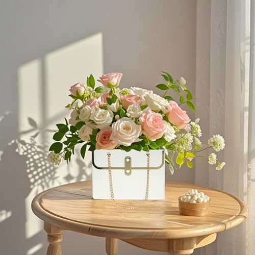 4 Pack Flower Paper Gift Bags Portable Bouquet Storage Bucket Paper Flower Handbag Boxes with Metal Chain Bouquet Carrier ...