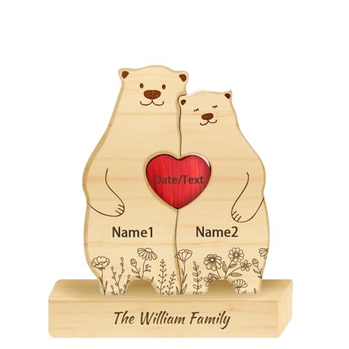 Personalized Wooden Hugging Floral Bear Couple Puzzle Signs Plaque, Family Name Flower Wood Bear Art Puzzle Desk Sign for ...