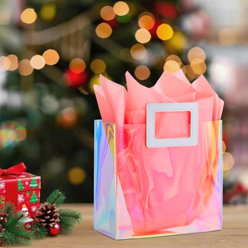 VUOJUR 8.3'' Holographic Small Gift Bag with Tissue Paper Reusable Birthday Gift Bag for Girls Women Iridescent Bacheloret...