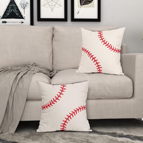 Vrysenium Baseball Pillow Covers 18x18 Inch Set of 2 Sport Themed Cotton Linen Decorative Throw Pillow Case Ball Stitches ...