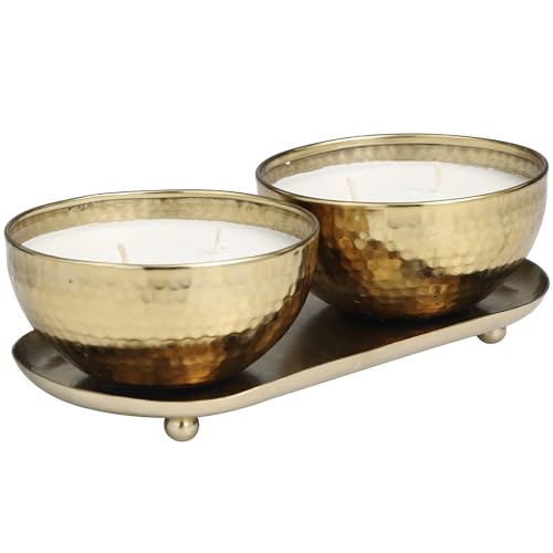 Deco 79 Metal Decorative Candle Egyptian Mint Scented Hammered 12 oz 2 Wick Aromatherapy Candle with White Wax, Set of 2 W...