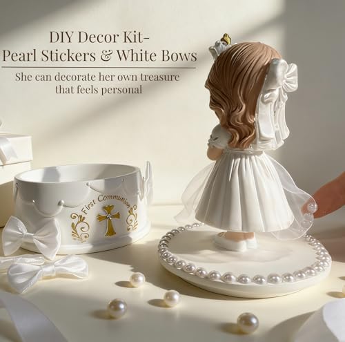 WANCHIY First Communion Gifts for Girls - 1st Holy Communion Gift with Prayerful Girl Figurine, Keepsake Box & Pearl Brace...