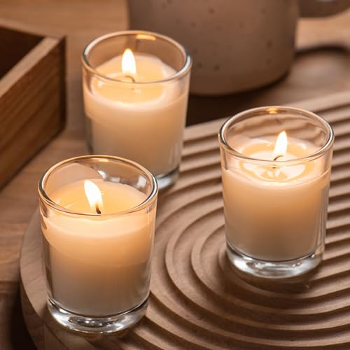 Housecret 24 Pack Warm White Unscented Clear Glass Filled Votive Candles. Hand Poured Wax Candle Ideal Gifts for Aromather...