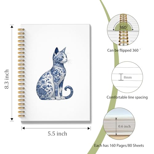 ROXMART Vintage Blue Chinoiserie Cat Spiral Notebook, Cat Lovers Mom Lady Gifts Journal, Blue and White Porcelain Floral K...