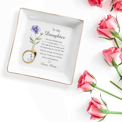 huglift To My Daughter on Your Wedding Day Personalized Ceramic Jewelry Tray, Daughter Floral Jewelry Dish from Mom, Custo...