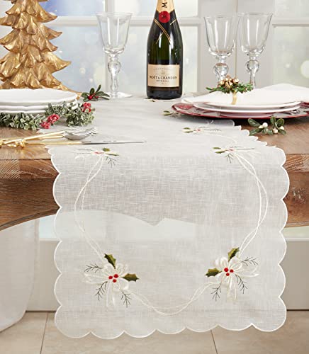 SARO LIFESTYLE Winika Collection Embroidered Holly and Ribbon Table Runner, 16"x90", White